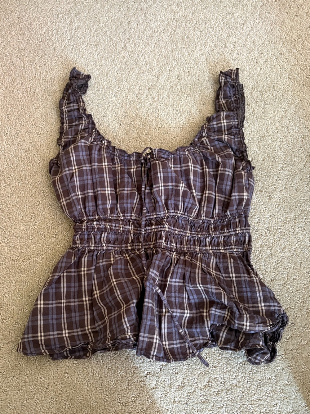 Smocked Plaid Ruffle-Strap Camisole in Brown